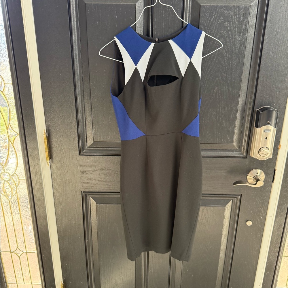 BCBGMaxAzria Black, Blue and White Sleeveless Sheath Dress